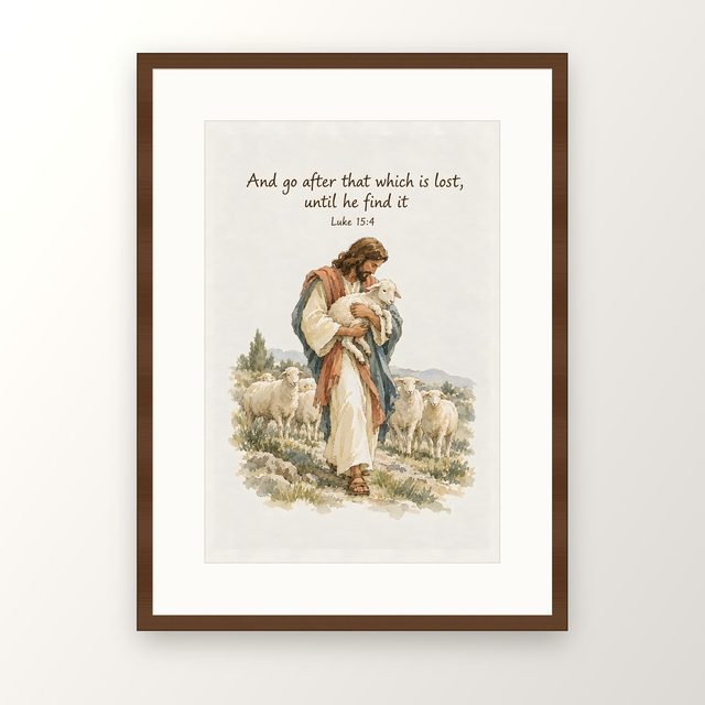 Lost Sheep, Luke 15:4 watercolor print, framed