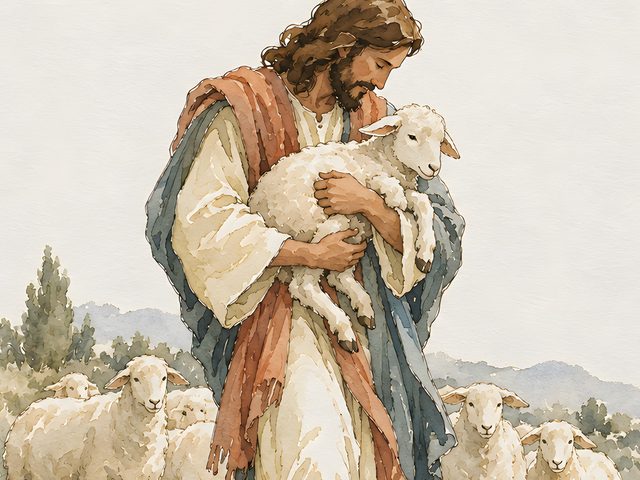 Lost Sheep, Luke 15:4 watercolor print, close-up of the watercolor painting