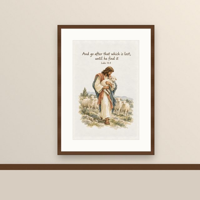 Lost Sheep, Luke 15:4 watercolor print, framed on a wall