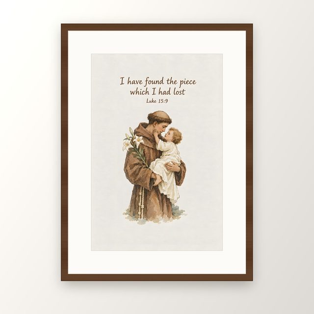 Saint Anthony, Luke 15:9 watercolor print, framed