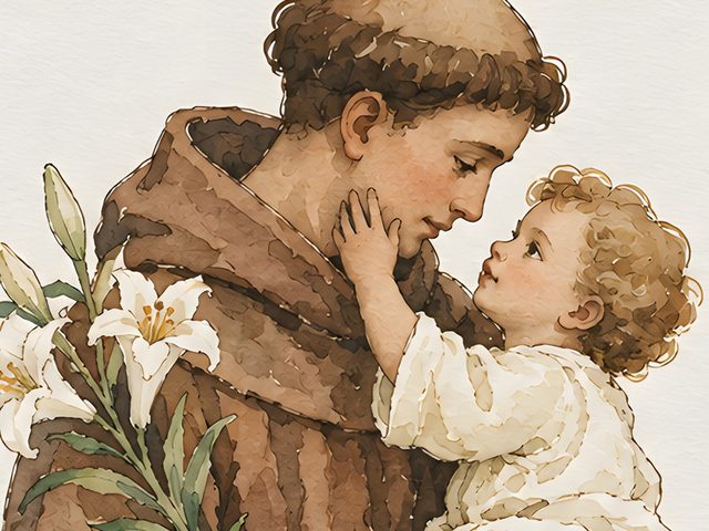 Saint Anthony, Luke 15:9 watercolor print, close-up of the watercolor painting