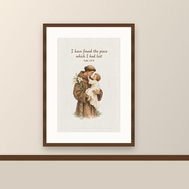 Saint Anthony, Luke 15:9 watercolor print, framed on a wall