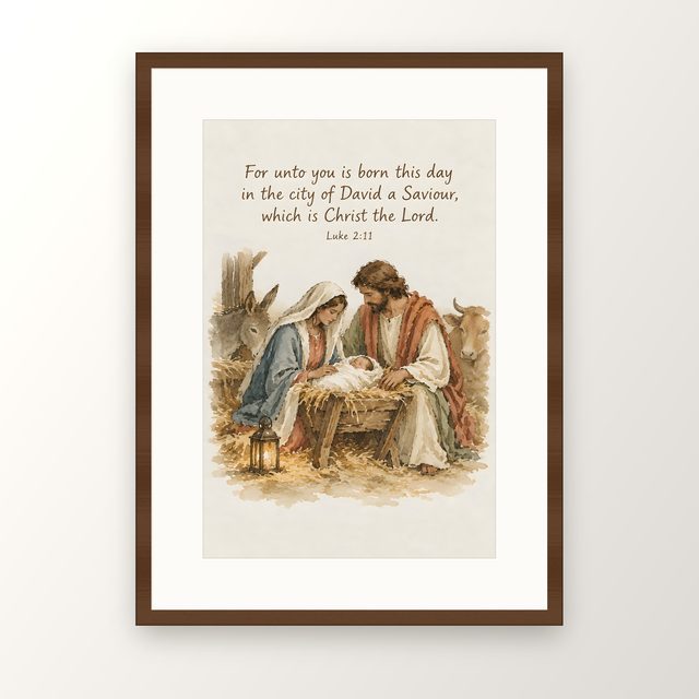 Nativity, Luke 2:11 watercolor print, framed