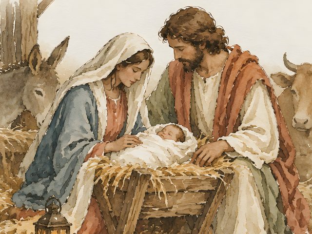 Nativity, Luke 2:11 watercolor print, close-up of the watercolor painting