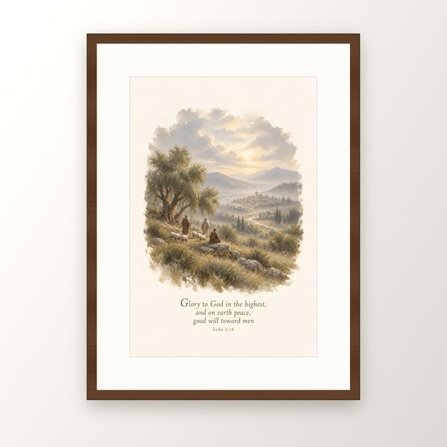Shepherds Above Bethlehem, Luke 2:14 watercolor print, framed