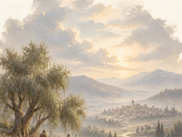 Shepherds Above Bethlehem, Luke 2:14 watercolor print, close-up of the watercolor painting