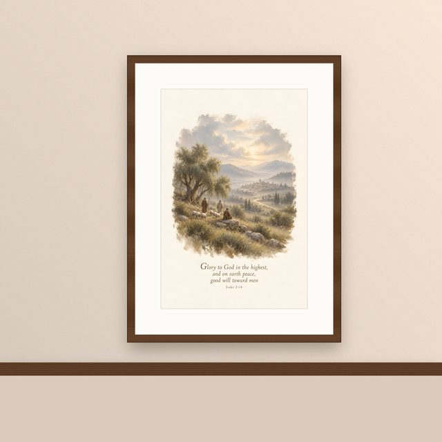 Shepherds Above Bethlehem, Luke 2:14 watercolor print, framed on a wall