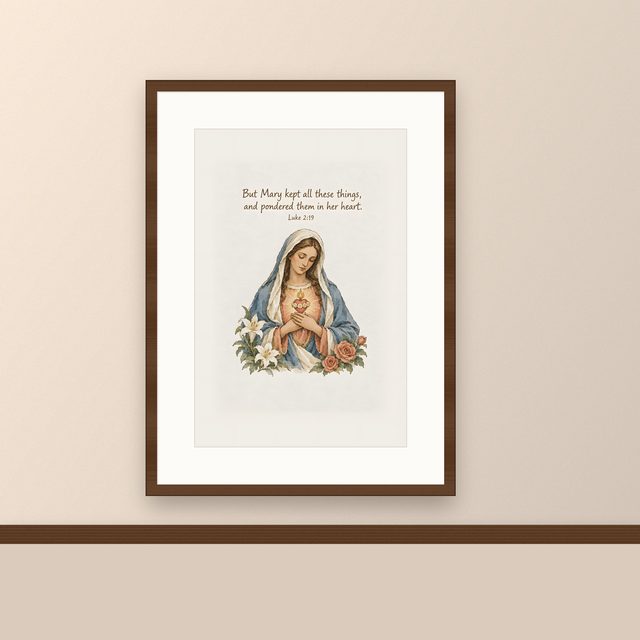 Virgin Mary, Luke 2:19 watercolor print, framed on a wall
