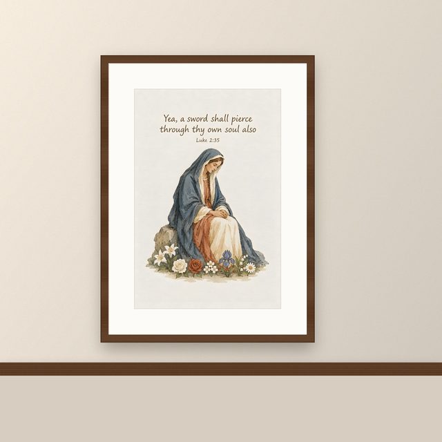 Our Lady of Sorrows, Luke 2:35 watercolor print, framed on a wall