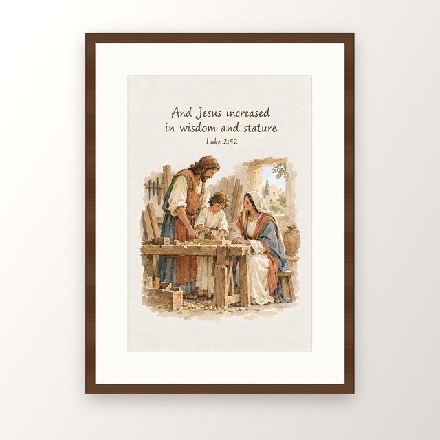 Holy Family, Luke 2:52 watercolor print, framed