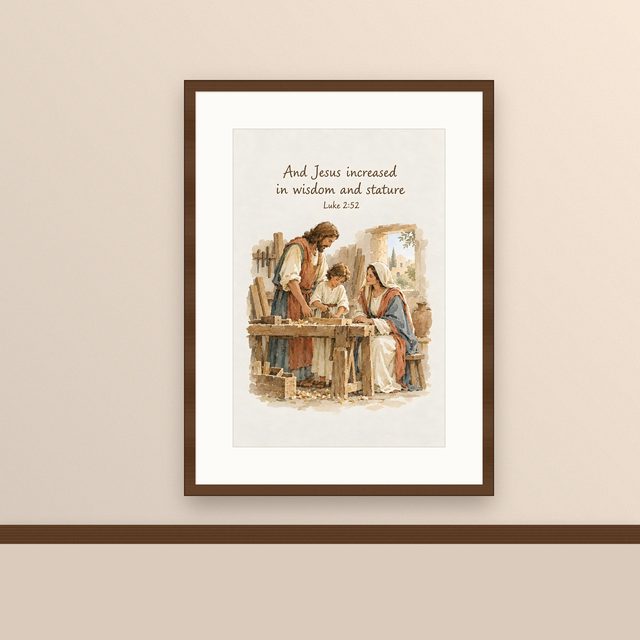 Holy Family, Luke 2:52 watercolor print, framed on a wall