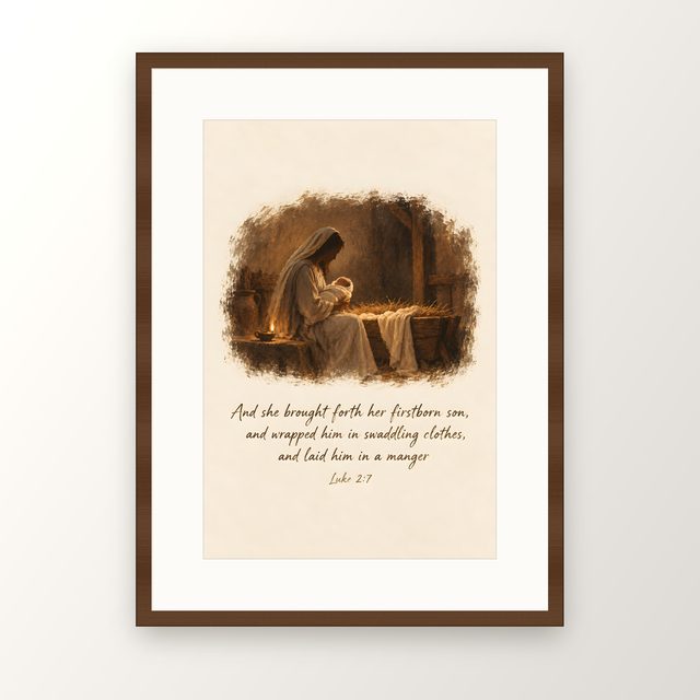 Nativity, Luke 2:7 watercolor print, framed