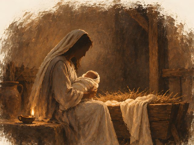 Nativity, Luke 2:7 watercolor print, close-up of the watercolor painting