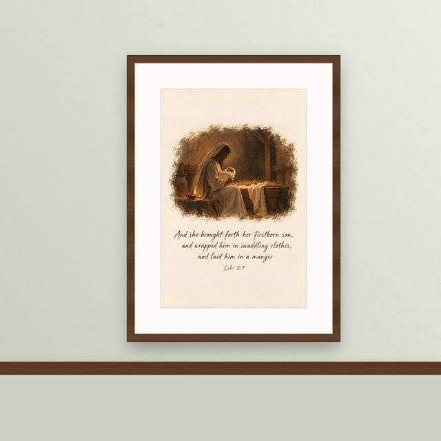 Nativity, Luke 2:7 watercolor print, framed on a wall