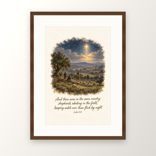 Keeping Watch by Night, Luke 2:8 watercolor print, framed