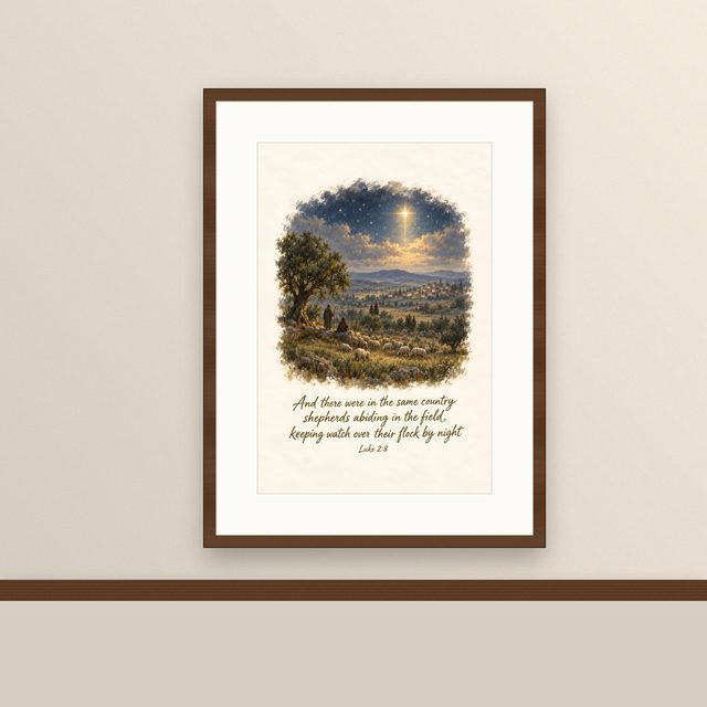 Keeping Watch by Night, Luke 2:8 watercolor print, framed on a wall