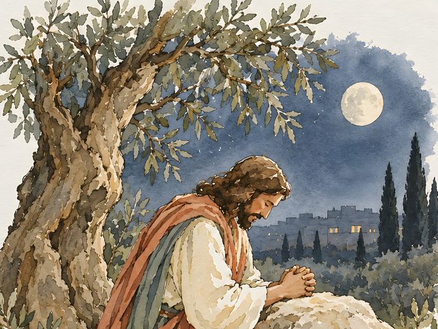 Gethsemane, Luke 22:42 watercolor print, close-up of the watercolor painting