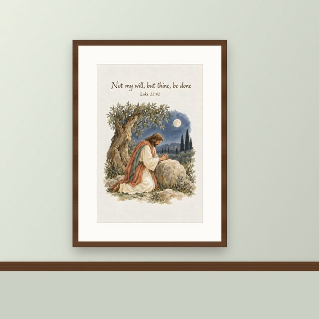 Gethsemane, Luke 22:42 watercolor print, framed on a wall