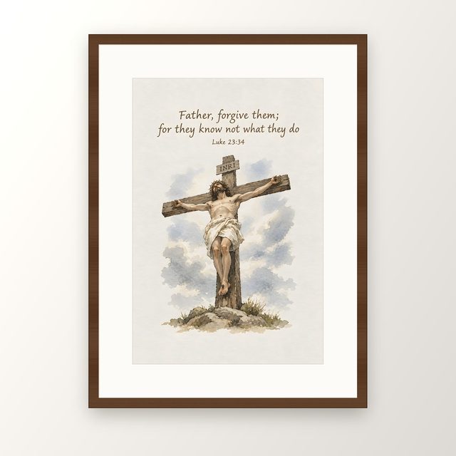 Crucifixion, Luke 23:34 watercolor print, framed