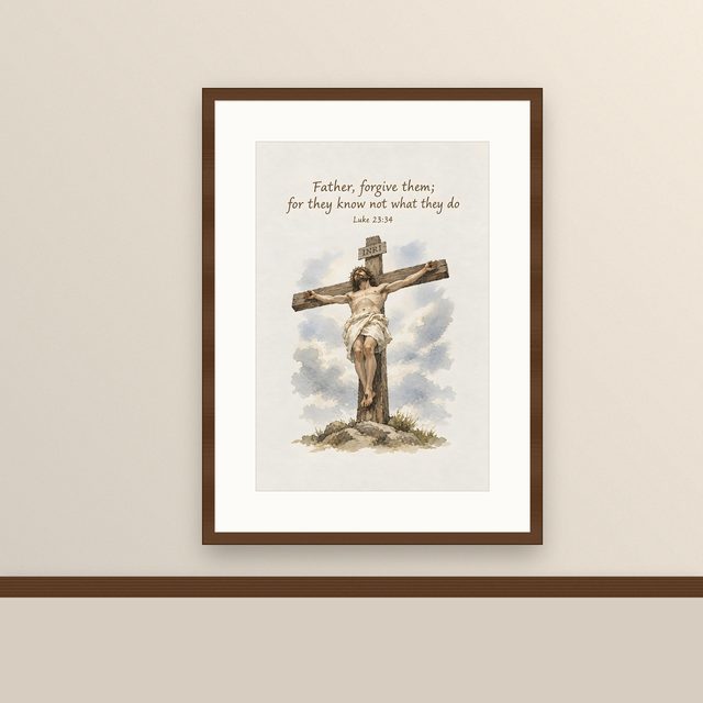 Crucifixion, Luke 23:34 watercolor print, framed on a wall