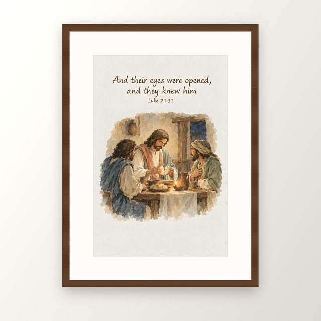 Road to Emmaus, Luke 24:31 watercolor print, framed