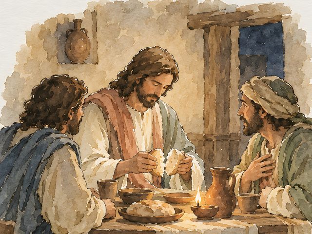 Road to Emmaus, Luke 24:31 watercolor print, close-up of the watercolor painting