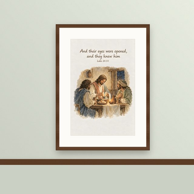 Road to Emmaus, Luke 24:31 watercolor print, framed on a wall