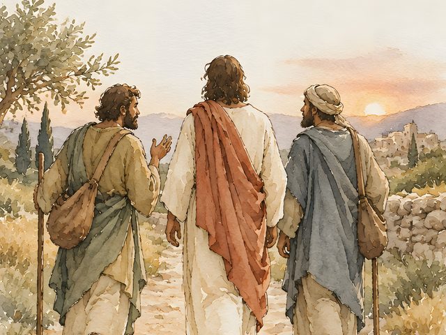 Road to Emmaus, Luke 24:32 watercolor print, close-up of the watercolor painting