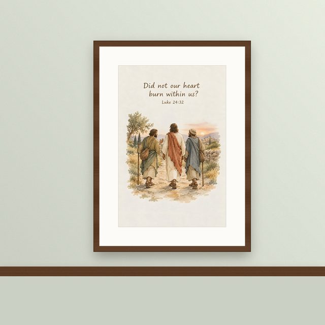 Road to Emmaus, Luke 24:32 watercolor print, framed on a wall