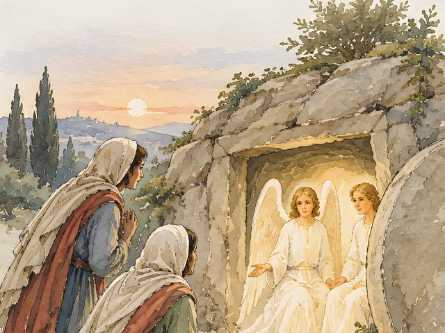 Women at the Tomb, Luke 24:5 watercolor print, close-up of the watercolor painting