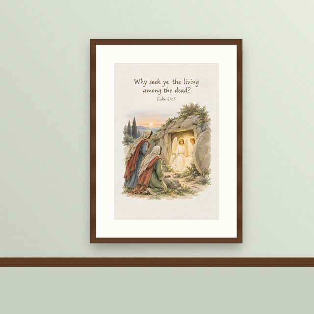 Women at the Tomb, Luke 24:5 watercolor print, framed on a wall
