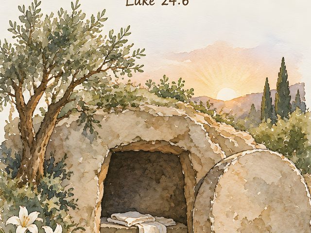 Empty Tomb, Luke 24:6 watercolor print, close-up of the watercolor painting