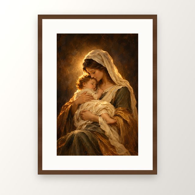 Madonna by Candlelight oil-style print, in a walnut frame with a white mat