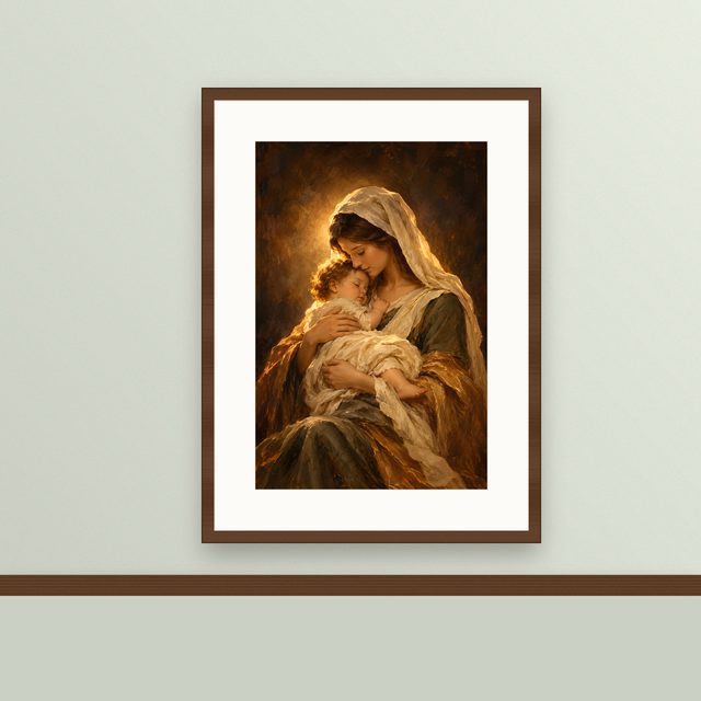 Madonna by Candlelight oil-style print, framed and hung on a painted wall above a wooden ledge