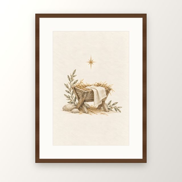 Manger and Star, watercolor print, framed