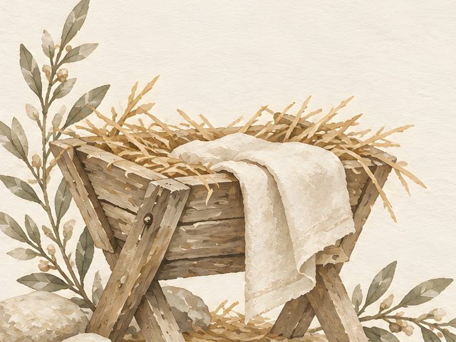 Manger and Star watercolor print, close-up of the watercolor painting