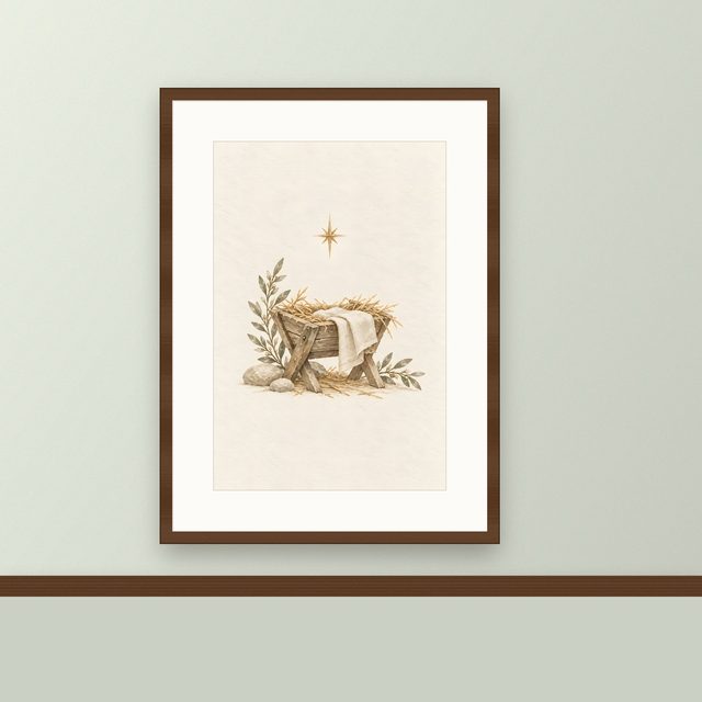 Manger and Star, watercolor print, framed on a wall
