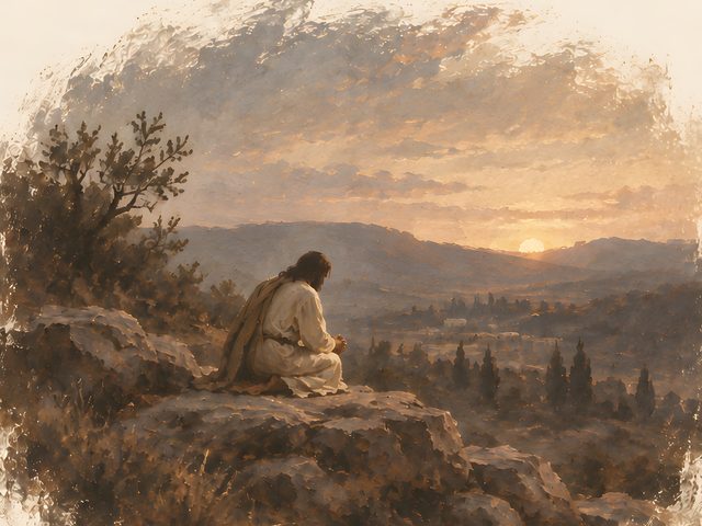 Jesus Praying at Dawn, Mark 1:35 watercolor print, close-up of the watercolor painting