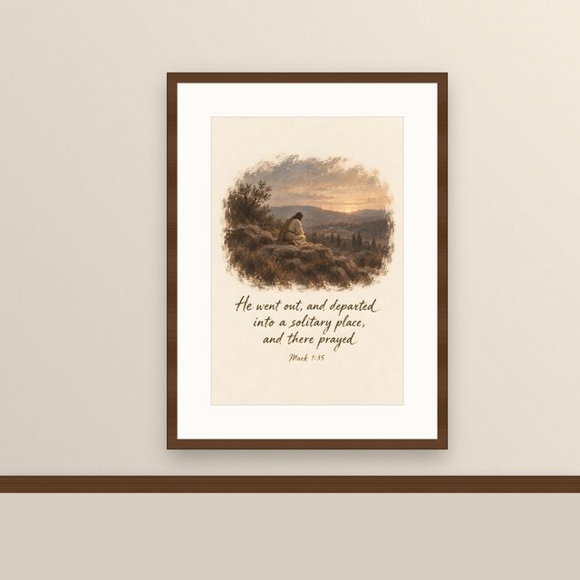 Jesus Praying at Dawn, Mark 1:35 watercolor print, framed on a wall