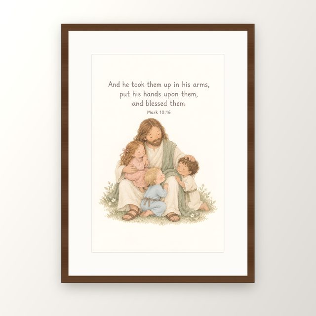 Jesus with Children, Mark 10:16 watercolor print, framed