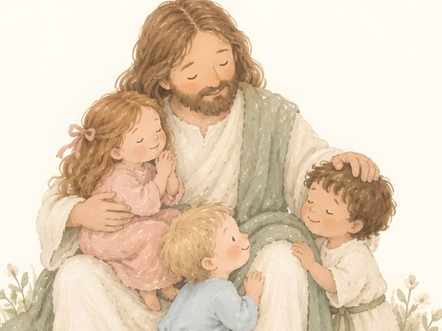 Jesus with Children, Mark 10:16 watercolor print, close-up of the watercolor painting