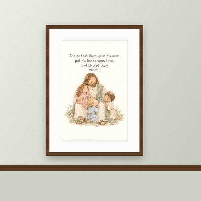 Jesus with Children, Mark 10:16 watercolor print, framed on a wall