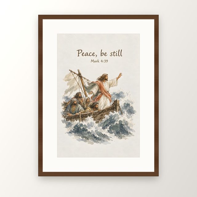 Jesus Calms the Storm, Mark 4:39 watercolor print, framed