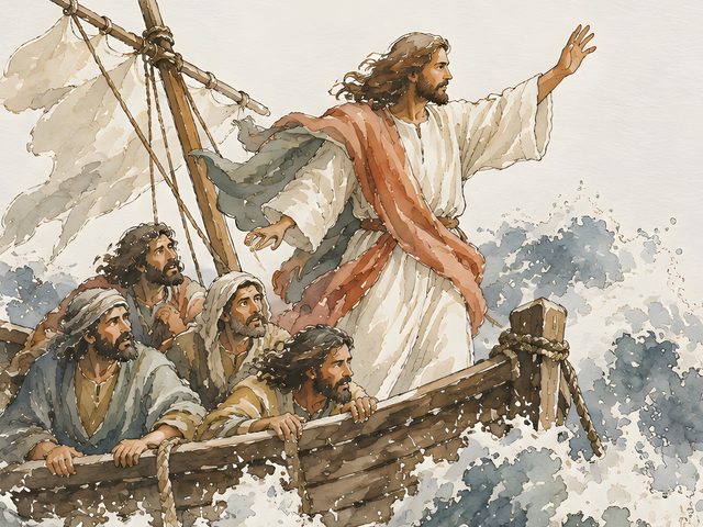 Jesus Calms the Storm, Mark 4:39 watercolor print, close-up of the watercolor painting