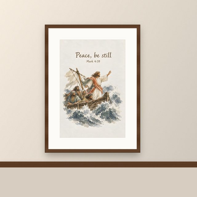 Jesus Calms the Storm, Mark 4:39 watercolor print, framed on a wall