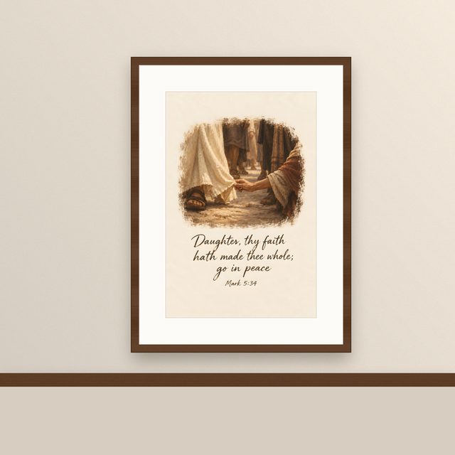 Hem of His Garment, Mark 5:34 watercolor print, framed on a wall