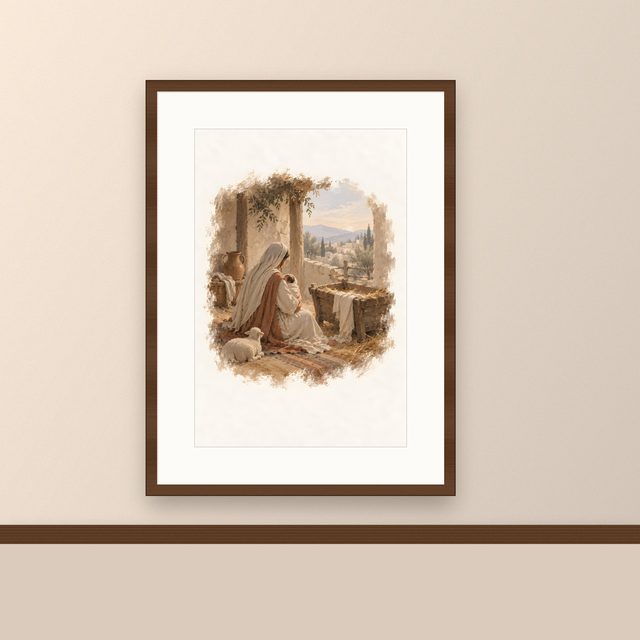 Mary and the Child, watercolor print, framed on a wall
