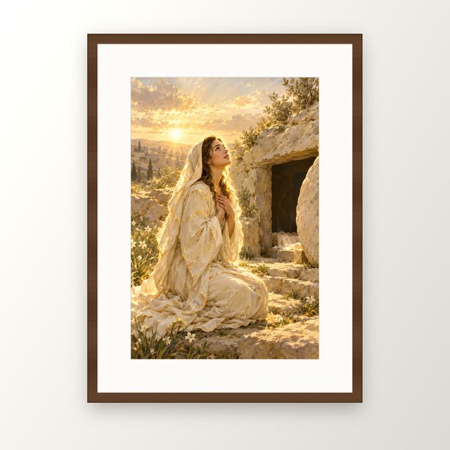 Mary Magdalene Kintsugi oil-style print, in a walnut frame with a white mat