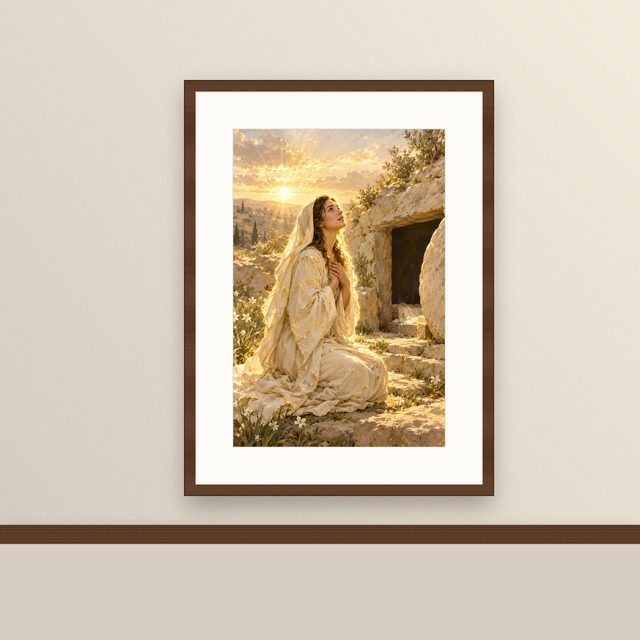 Mary Magdalene Kintsugi oil-style print, framed and hung on a painted wall above a wooden ledge