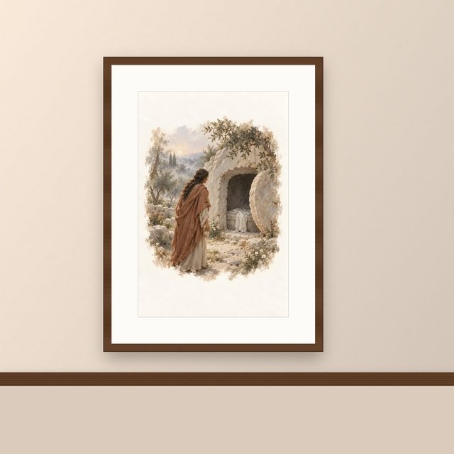 Mary Magdalene, watercolor print, framed on a wall